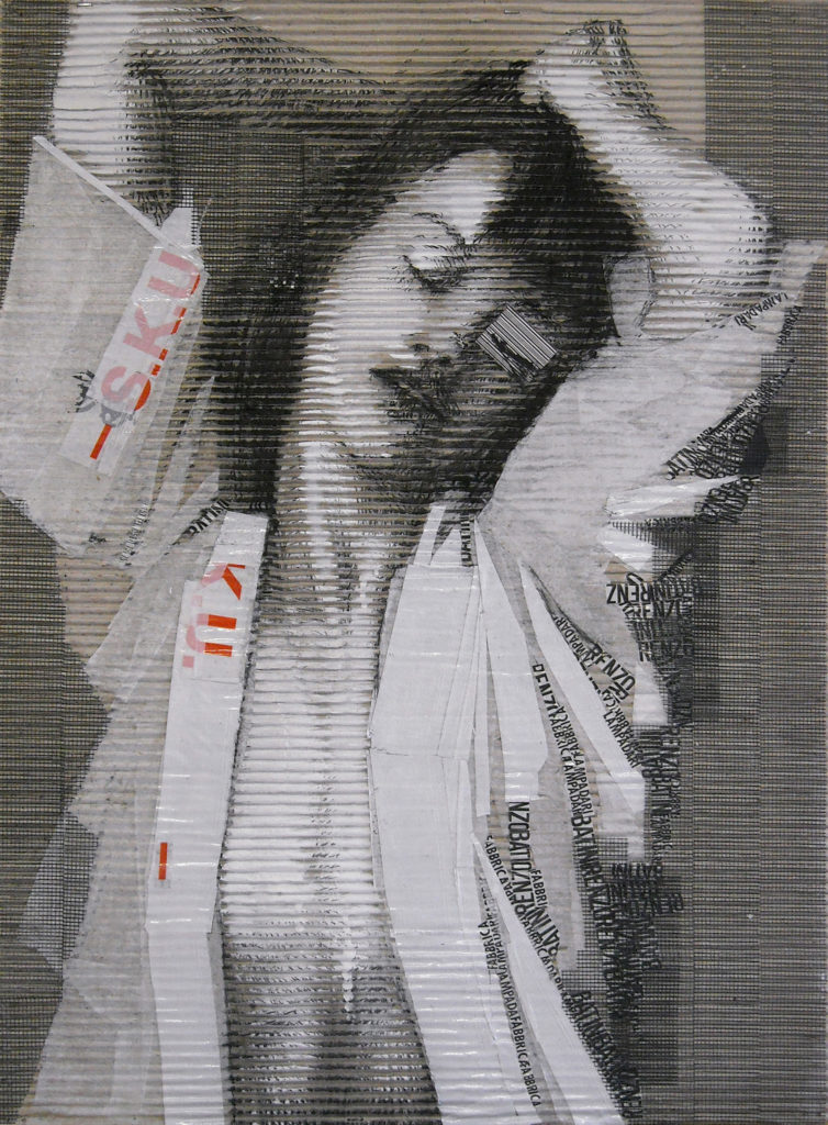 acrilico, carboncino, carta velina, scotch, rete, codice a barre su cartone ondulato. cm 70x 50