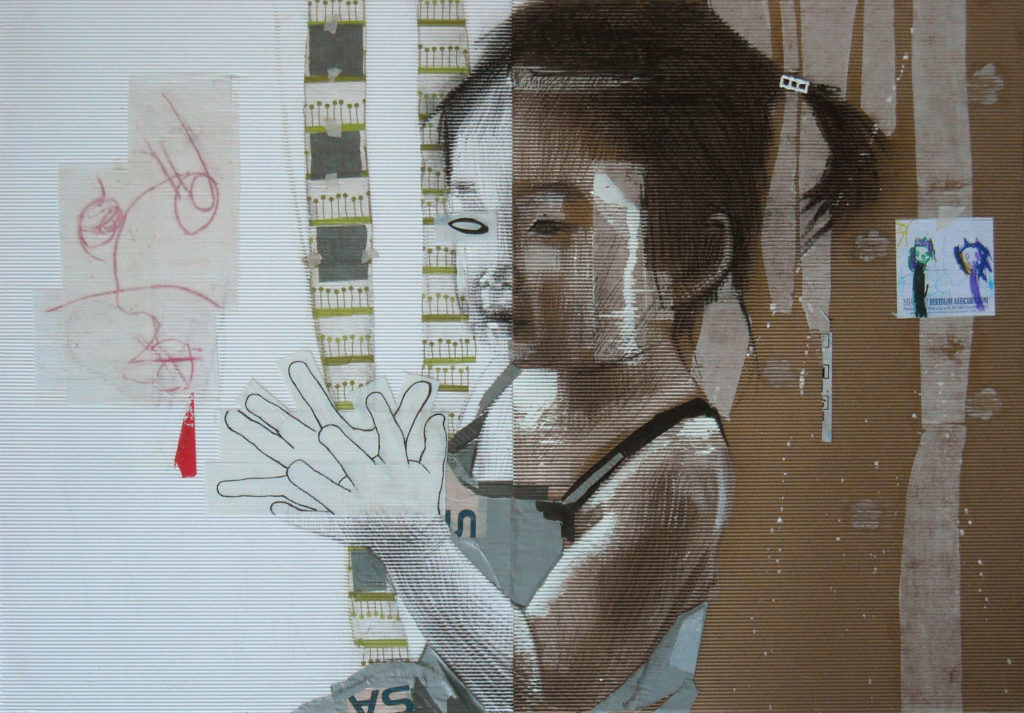 acrilico, carboncino, scotch, carta velina su cartone ondulato. 100x 70 cm
