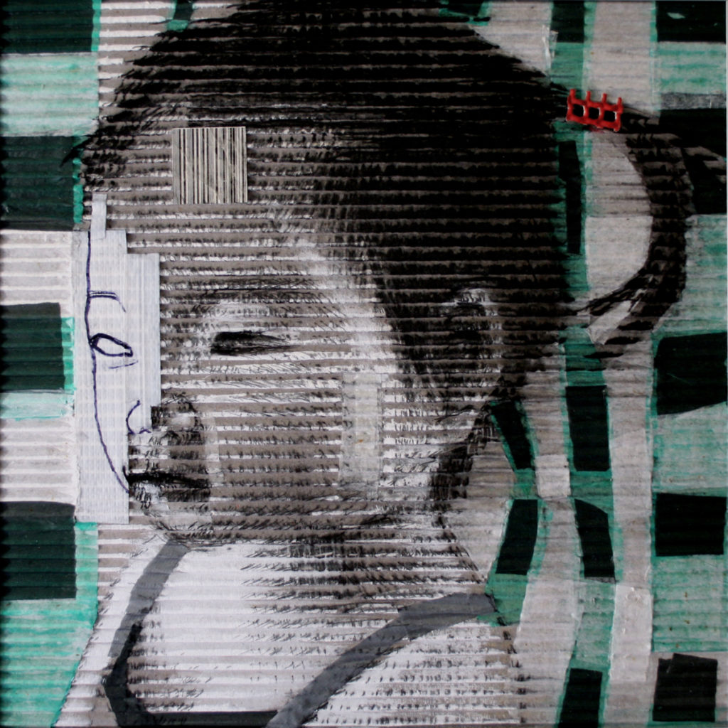 acrilico, carboncino, carta velina, scotch su cartone ondulato. 40x40 cm