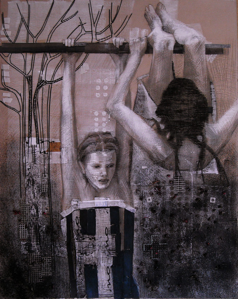 acrilico, carboncino, scotch, rete in gomma, carta velina, fogliame su cartone ondulato. 120x150 cm